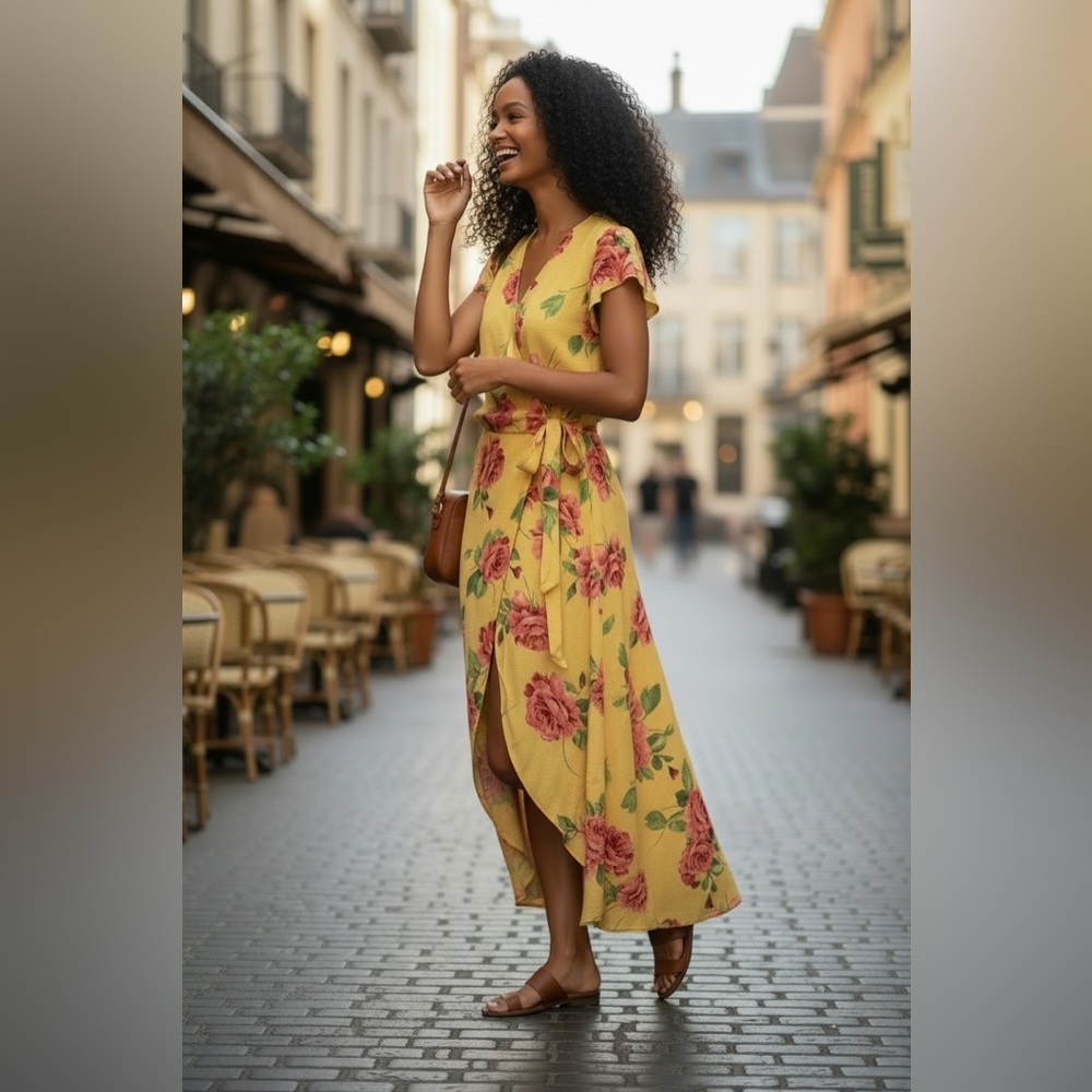 Scobe Yellow Floral Midi Dress with Pink Roses, size M